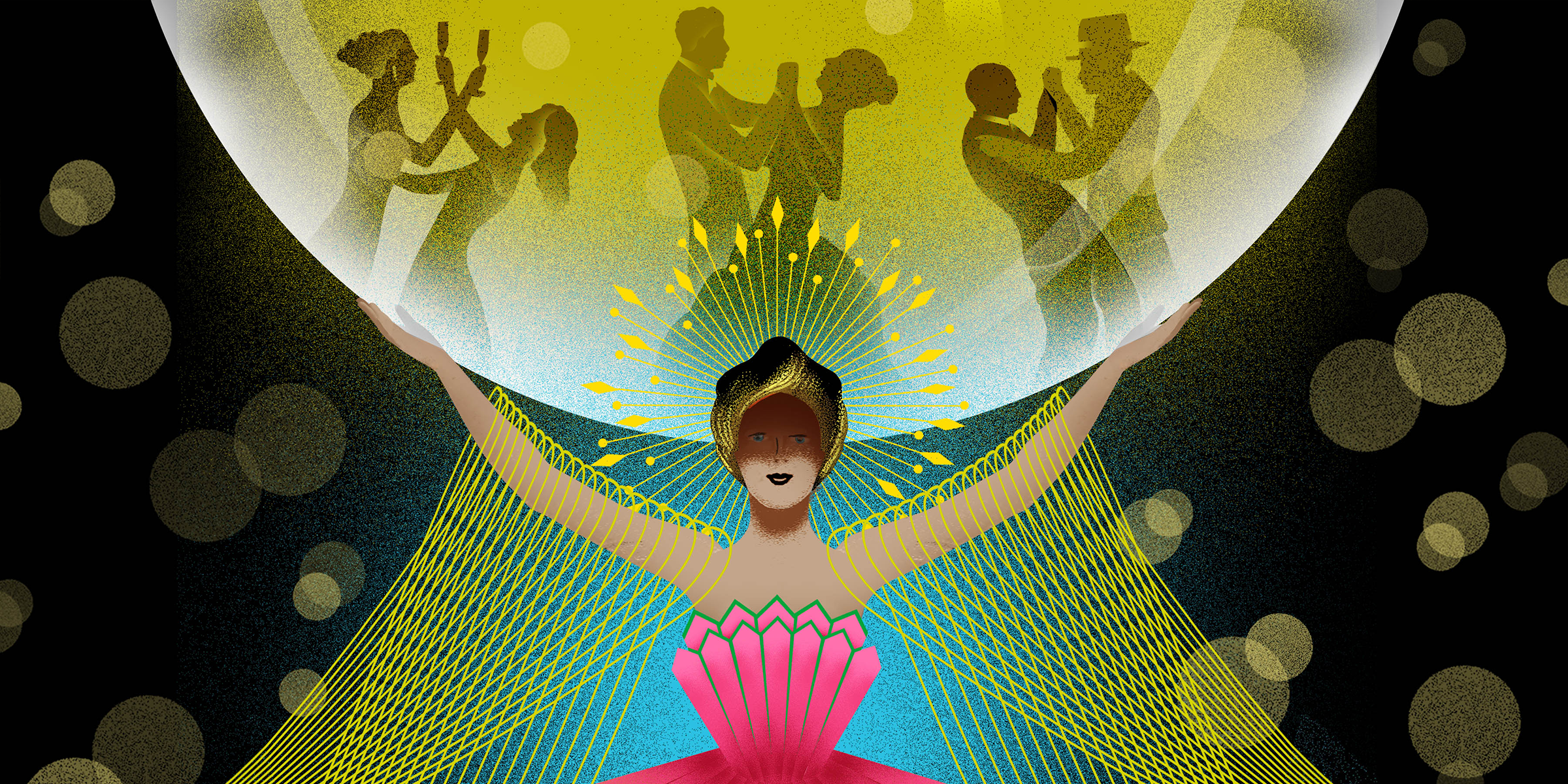 Stylized illustration of a performer in a pink gown with arms raised beneath a glowing spotlight, surrounded by silhouettes of people dancing.