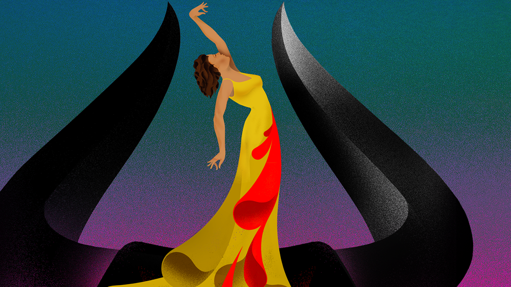Graphic silhoutte of Carmen in a long yellow dress with red down the front as she is standing between two gigantic bull horns