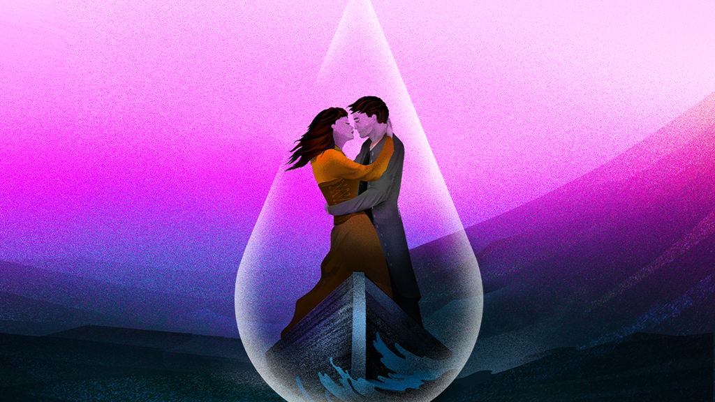 graphic depicting Tristan and Isolde embracing inside a large droplet of water. 