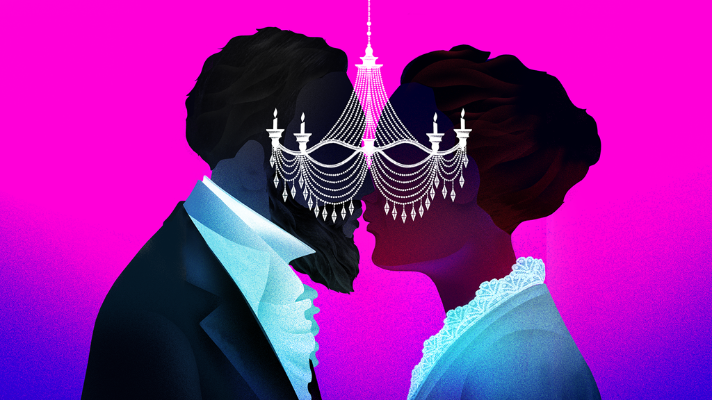 Un Ballo in Maschera graphic depicting a male and female silhouette face to face with a chandelier between them.