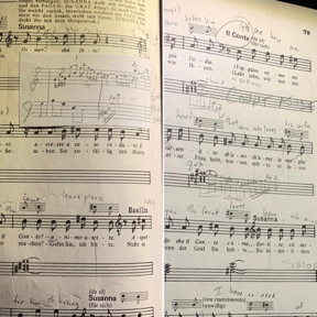 A couple of pages from Bryndon’s score for Figaro showing how Mozart writes the continuo harmonies and then some of Bryndon’s musical interpolations including the reference to Mendelssohn’s Spring Song (the edit on the left). The score is the Barenreiter edition.