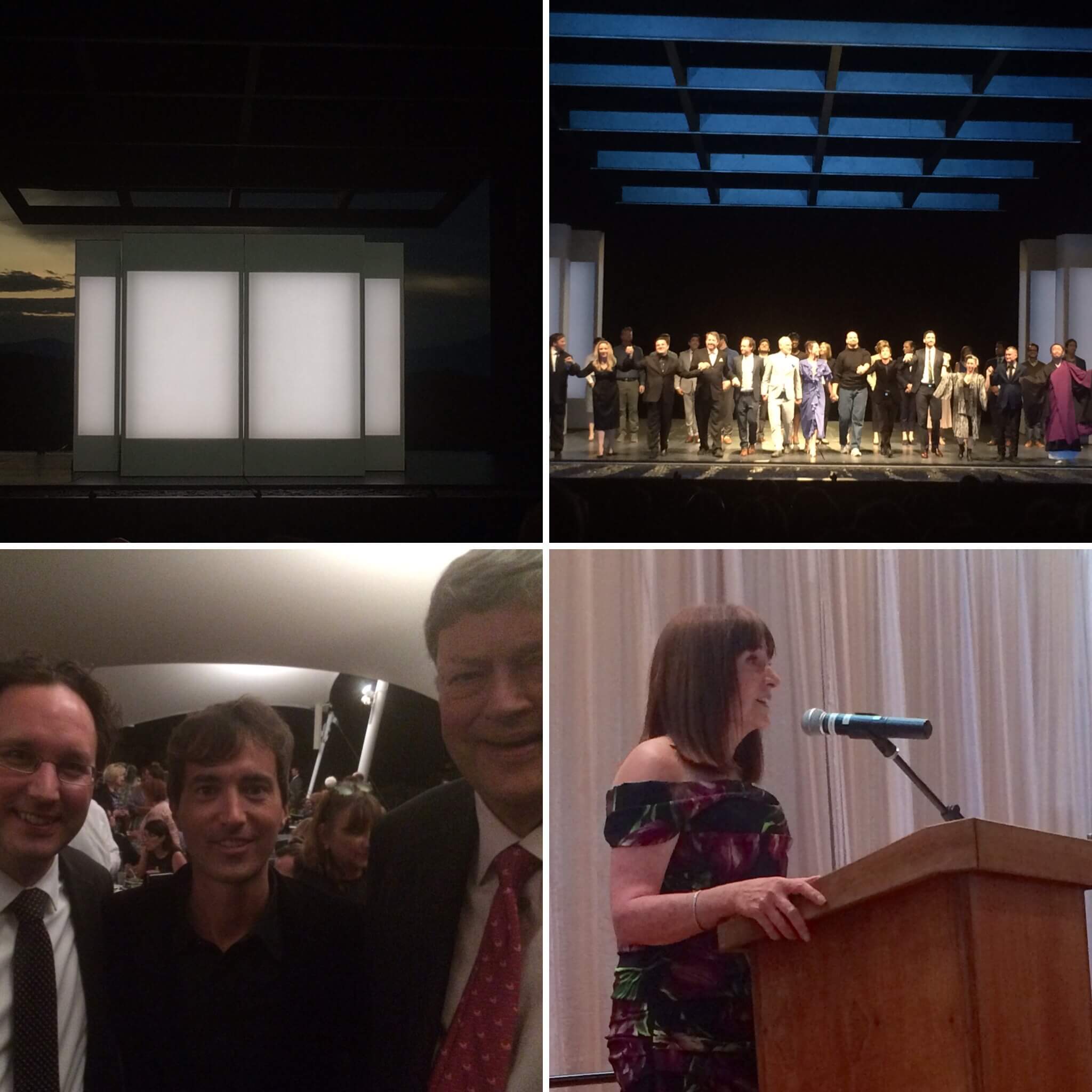 The opening of The (R)evolution of Steve Jobs at Santa Fe Opera. Clockwise from top left: the technologically savvy set; company bows; with Mason Bates and John Gunn; Santa Fe board president and great friend of SFO, Susan Marineau making remarks at the pre-show dinner.