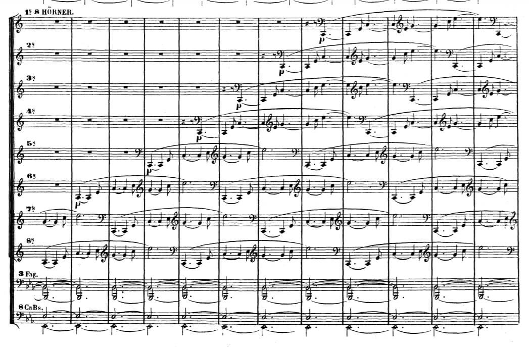 The opening to Wagner’s Das Rheingold, showing the layering addition of all 8 horns.
