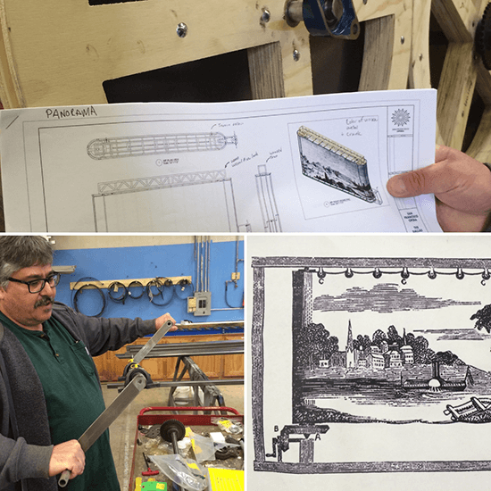 Top: The design for the moving scenery piece in Act I Bottom left: John Del Bono demonstrates the shop-engineered and built handle. Bottom right: An example of the historic device that inspired this set piece.