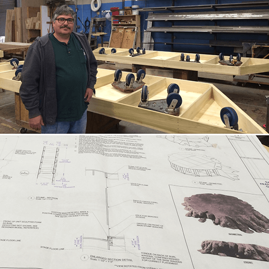 John Del Bono with the early-stage elements of the Calaveras tree stump, with designs for the stump below.