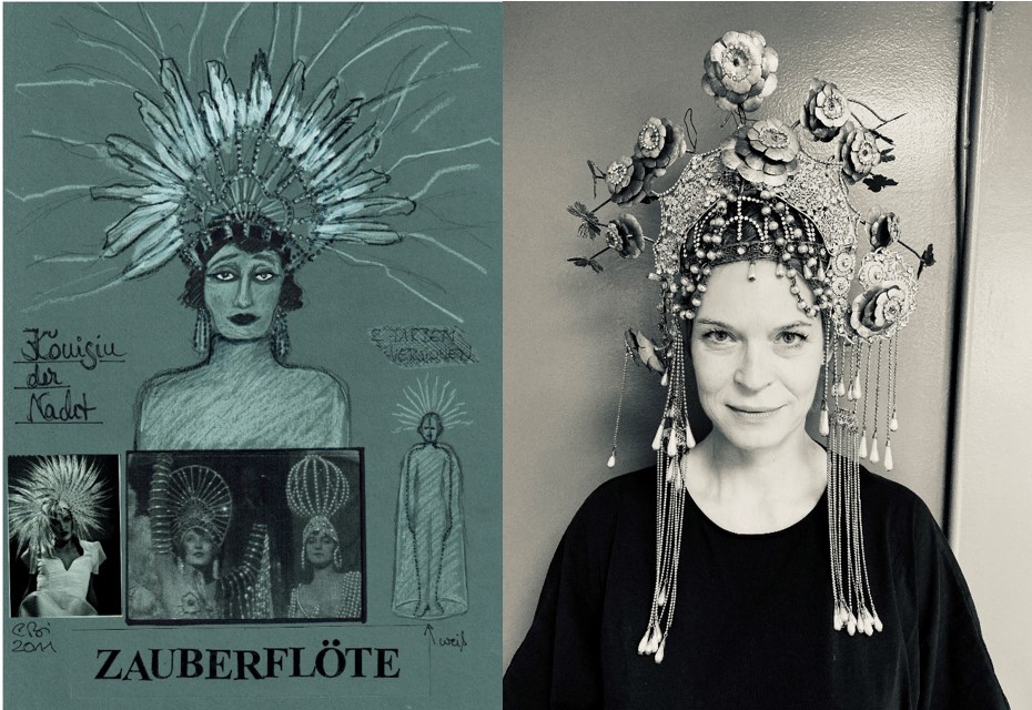 An early design for the Queen of the Night (left) next to designer Esther Bialas in a 1936 headpiece first worn by Eva Turner, and later Maria Callas for the cover of her Turandot album (right)