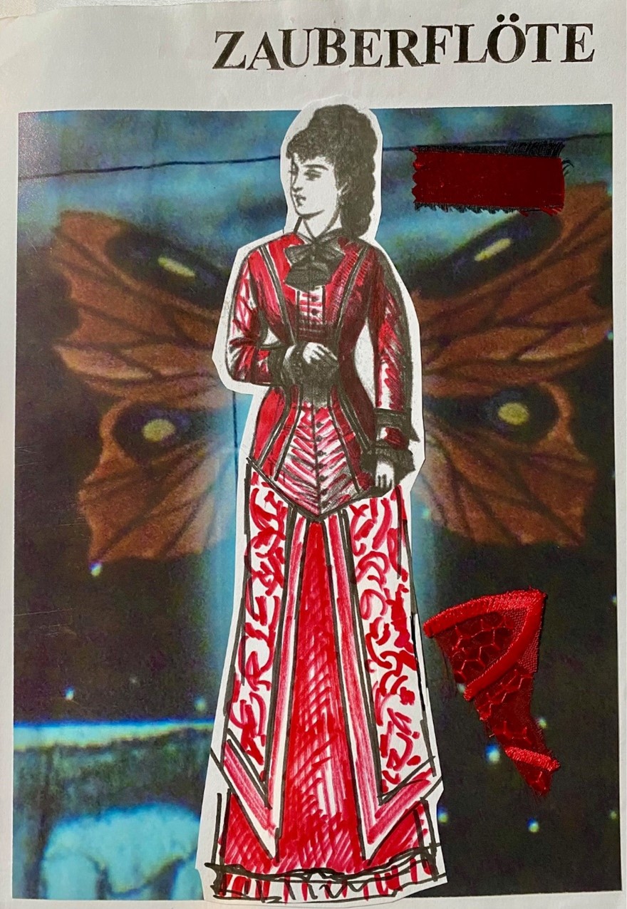 Esther Bialas’ design for Pamina’s original red dress, not ultimately used in the production.