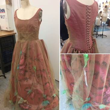 The Lithuania version of the dress showing the finished product (l); top right: the combination of a period bodice with more contemporary pleating; bottom right: the detail of the netting showing the painted fabric underneath.