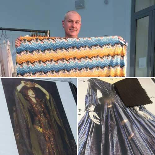 Jai with fabrics, sketches and dress designs for Dame Shirley.