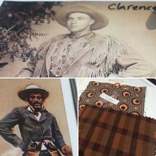Costume research for Clarence and Ned, along with fabric swatches for Ned’s costumes.