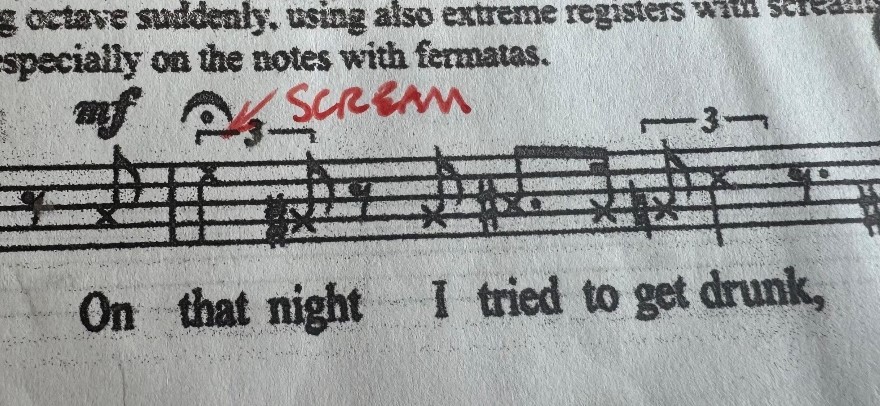 An example of Kaija’s Saariaho’s scoring of Sprechstimme with Lucy’s annotated scream. 