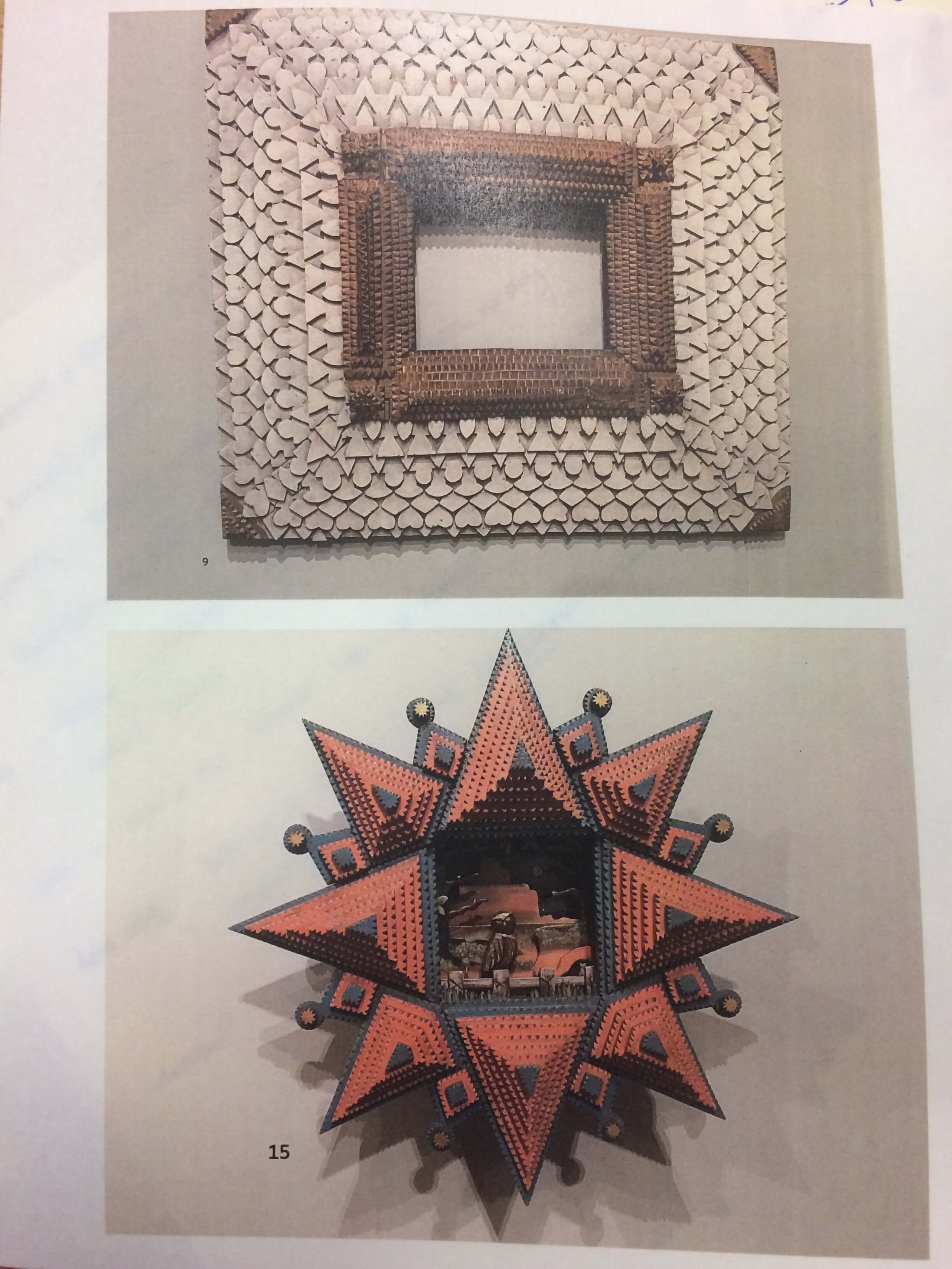 Some of the research into tramp art which became a guiding aesthetic for the fireplace.