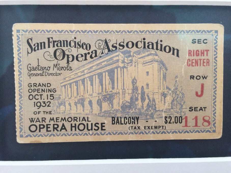 A ticket from the grand opening night performance of the War Memorial Opera House in 1932.