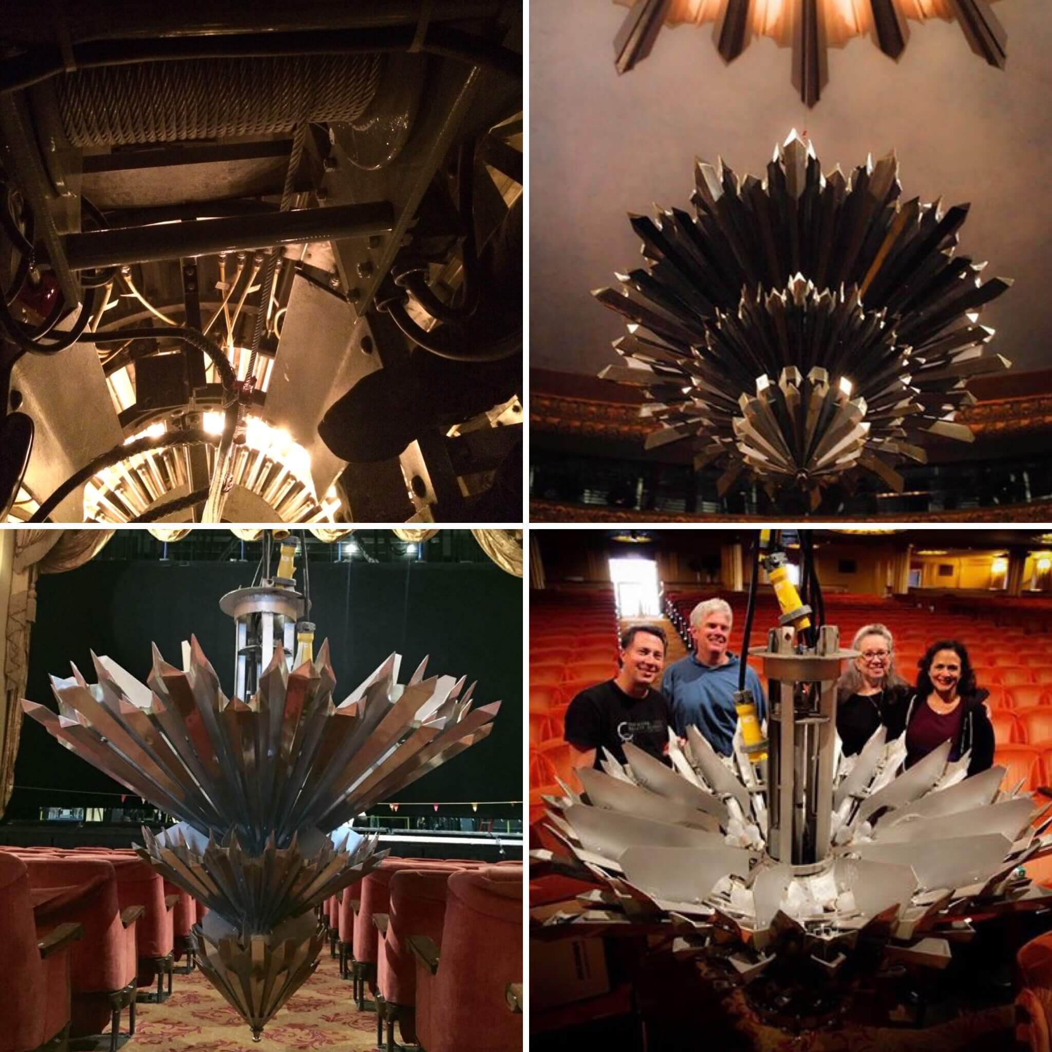 The descent of the chandelier tip. Clockwise from top left: the winch motor; the tip leaves the ‘mother ship’; a safe landing; the team gets to work (pictured with lighting designer Patty Ann Farrell). Photos courtesy John Boatwright and Ellen Presley.