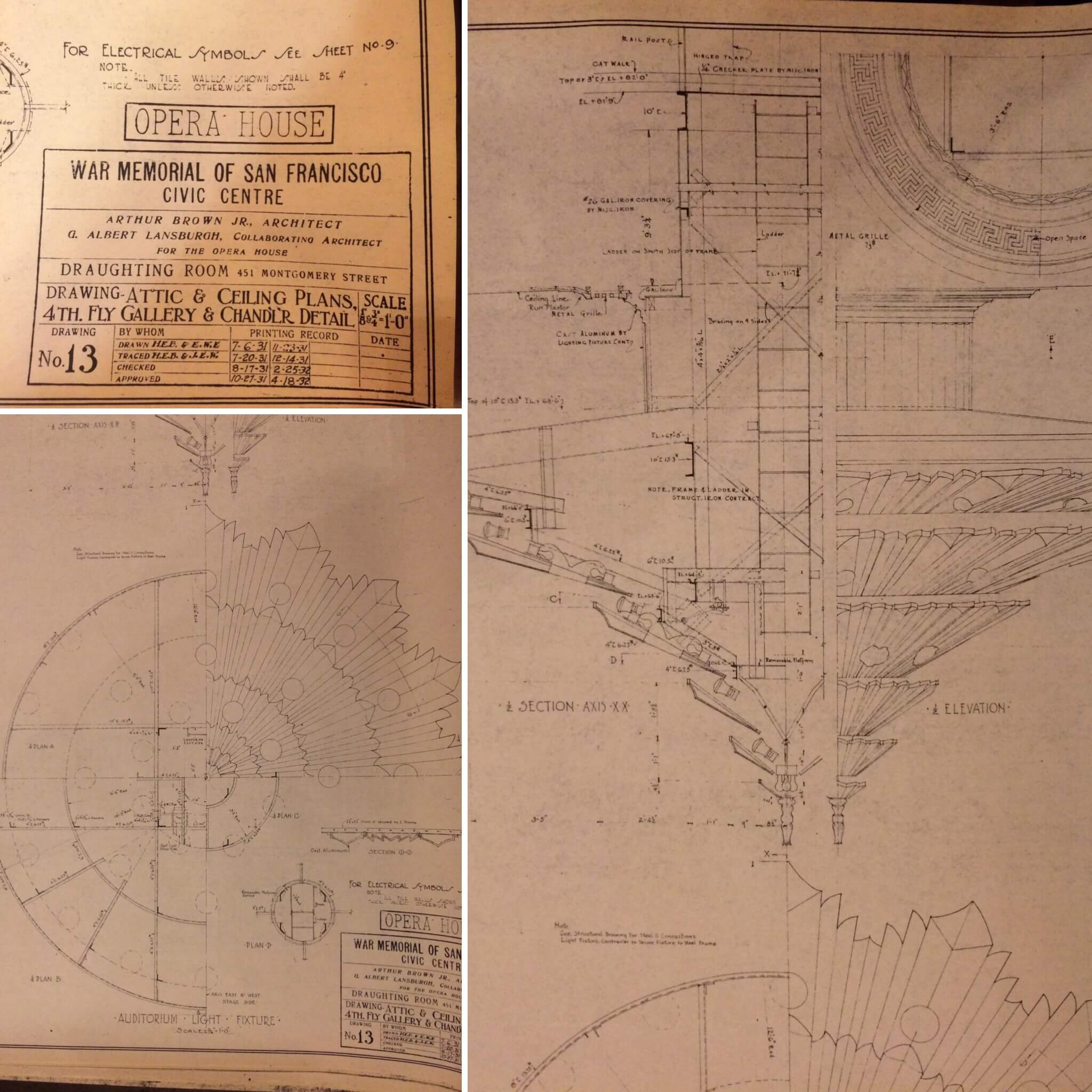 The original blueprints for the 1932 chandelier.