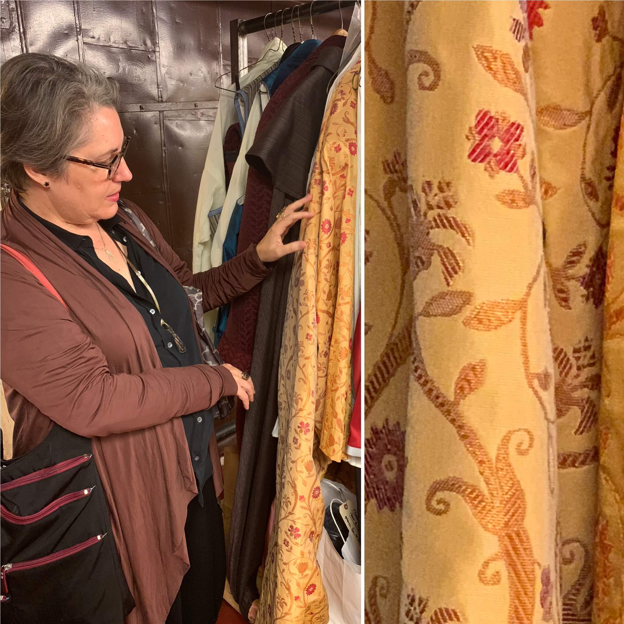 Constance examining the Count’s Act I robe before it is used in the piano dress rehearsal.