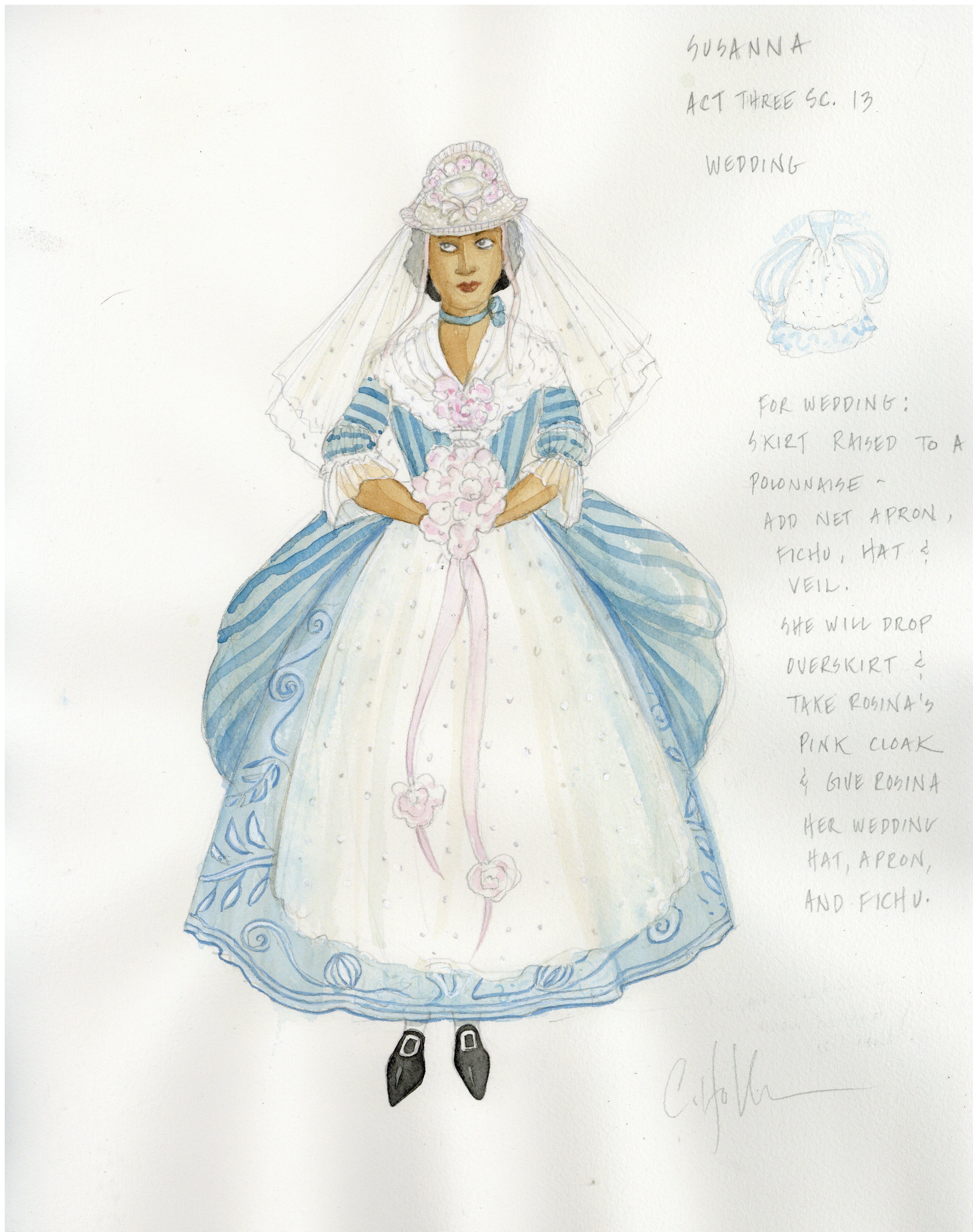 Original design sketches of the Countess (left) and Susanna (right) in their Act IV look-alike costumes