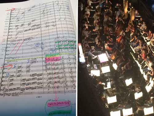 A page from Maestro Nánási’s Elektra score (l) and part of the Elektra orchestra (r).