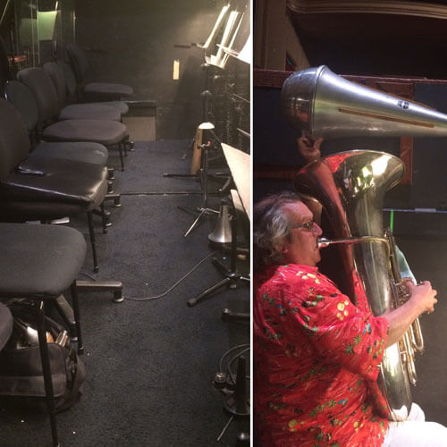 The cramped lower brass section (l) and principal tuba Zachary Spellman performing balletic moves with his tuba mute!