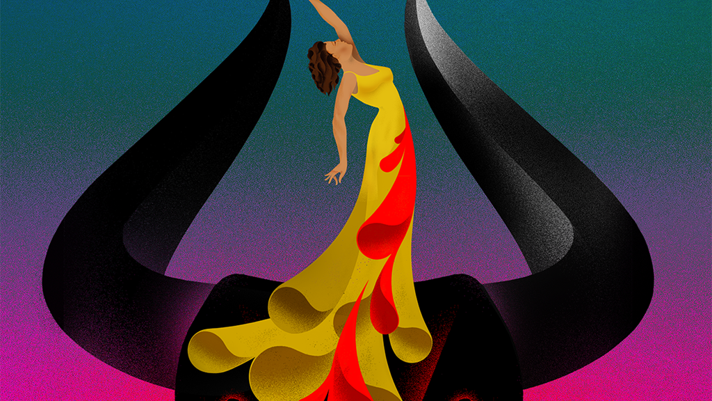 graphic depicting Carmen in a long flowing yellow and red dress. In the background is a black bull with red eyes.