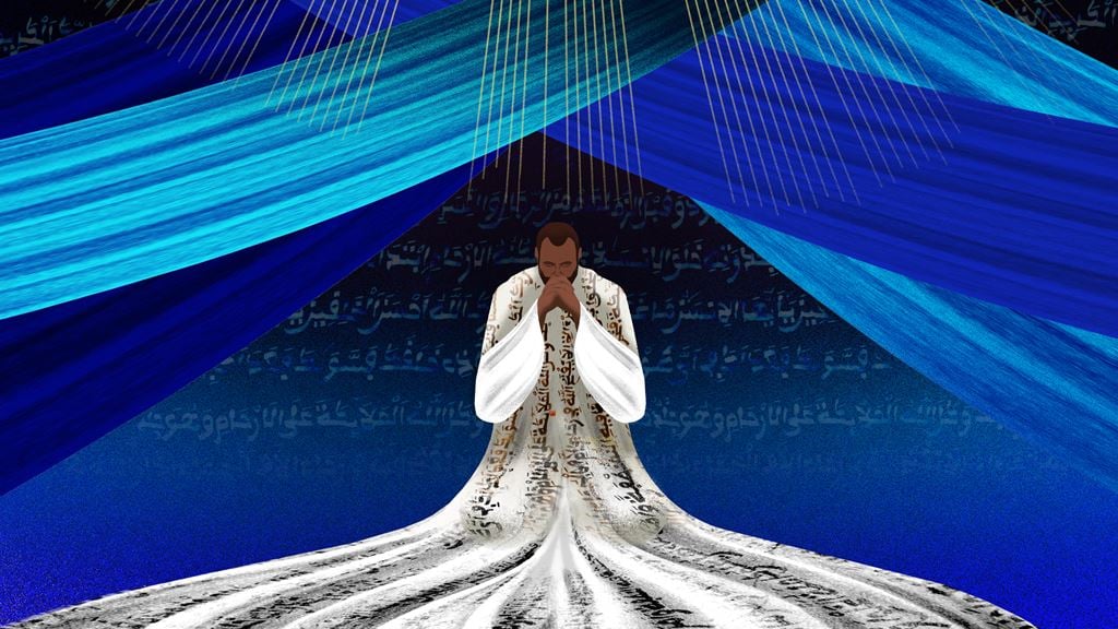 Omar graphic of Omar praying in a long white robe that fans out before him.