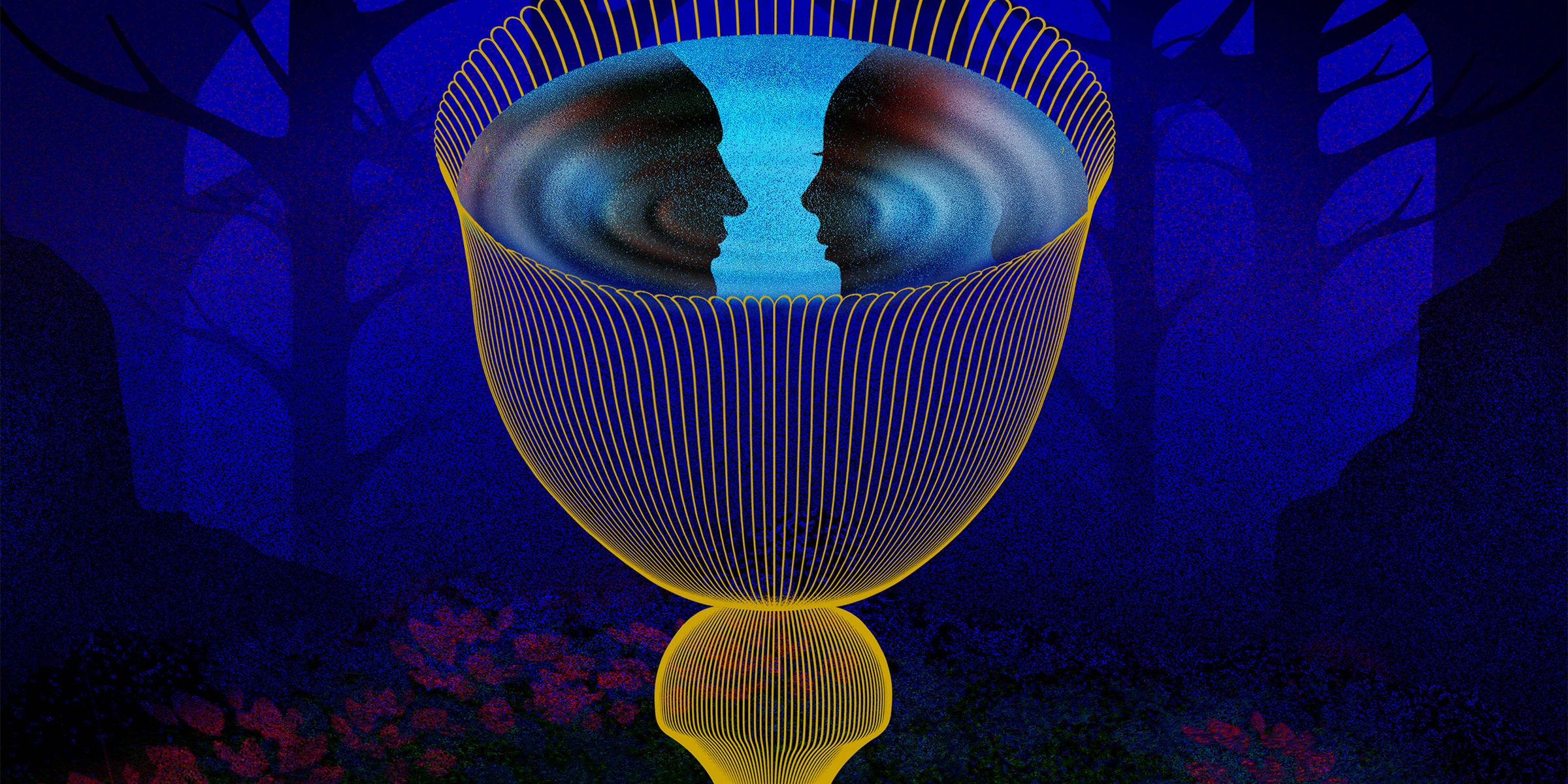 Illustration of a glowing golden chalice in a dark blue forest, with two shadowed faces reflected inside the cup.