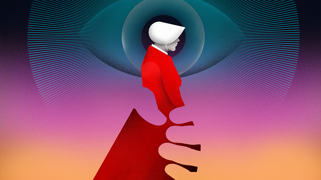 The Handmaid&#39;s Tale graphic of a handmaid in red dress and white bonnet with invisible hands around her and a large eye in the background