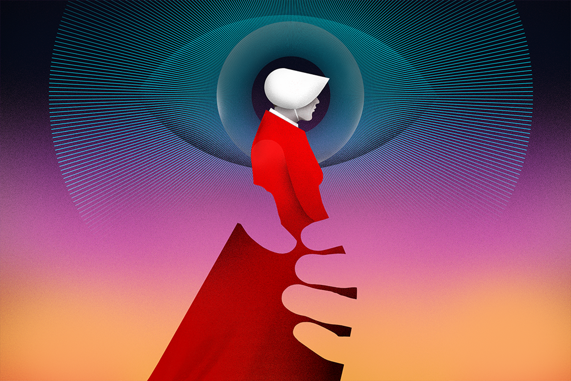 The Handmaid&#39;s Tale graphic of a handmaid in red dress and white bonnet with invisible hands around her and a large eye in the background