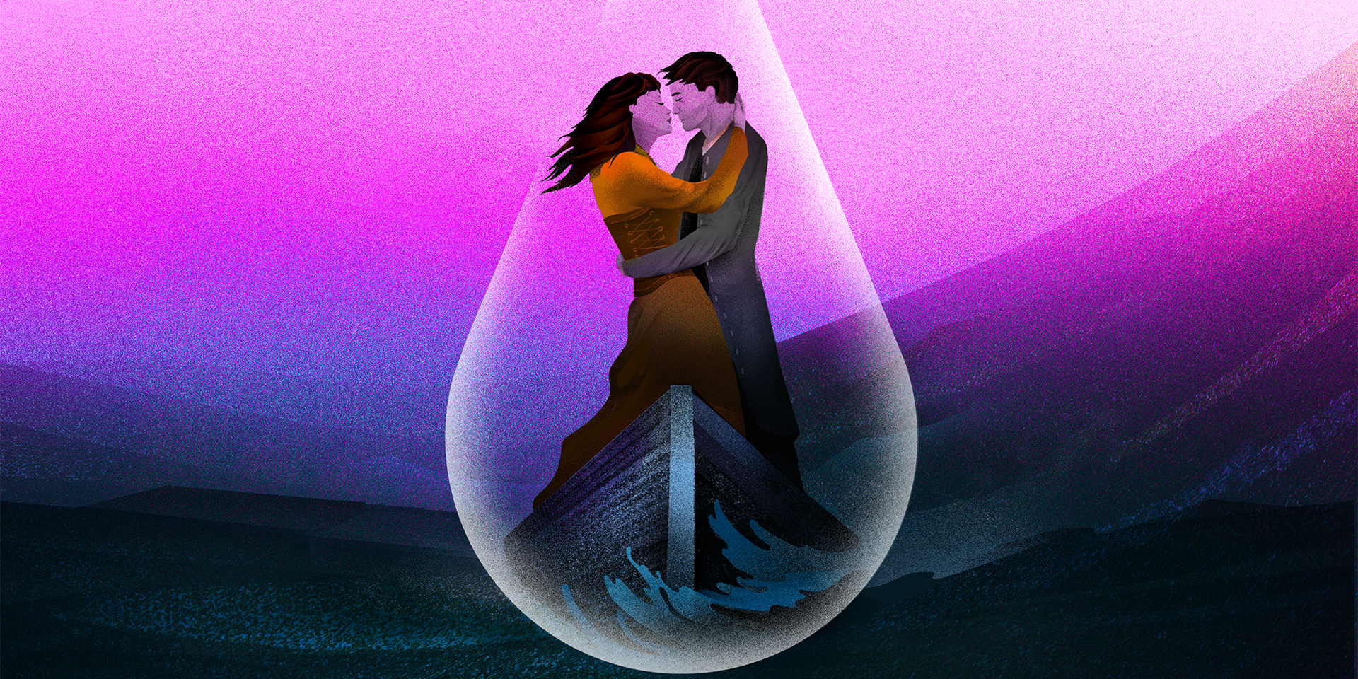 Tristan and Isolde graphic of them embracing within a droplet of water