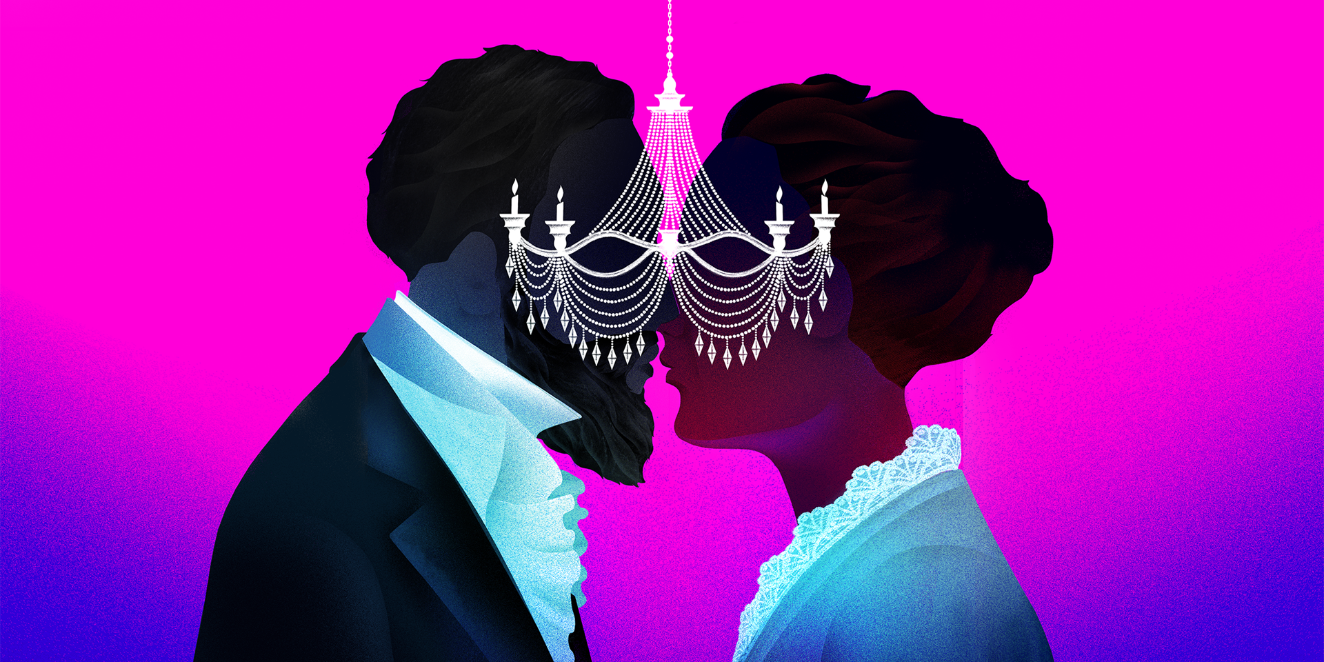 Un Ballo in Maschera graphic depicting a male and female silhouette face to face with a chandelier between them.