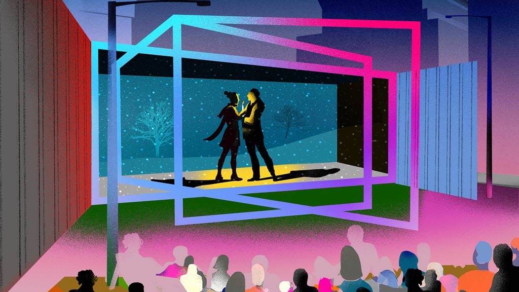 Illustration of silhouette of two people on a theater stage with a colorful abstract set design, as an audience watches in the foreground during the San Francisco Opera&#39;s Boheme Out of teh Box.